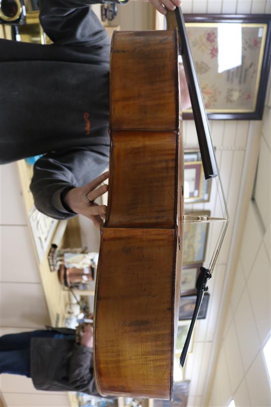 A cased cello and unsigned bow L.123cm